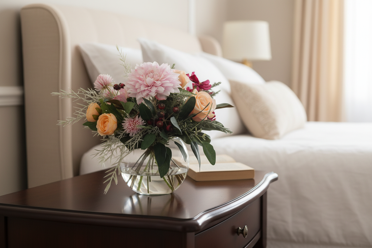 Garden Romance small artificial bouquet on a bedside table