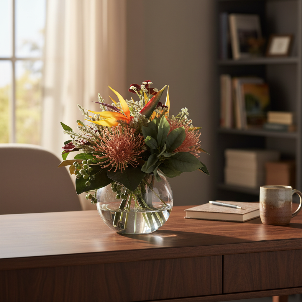 Bird of Paradise and Pincushion Protea Tropical artificial arrangement in a glass fishbowl vase on a timber study desk in a home office, shown at accurate small 20x20 cm scale
