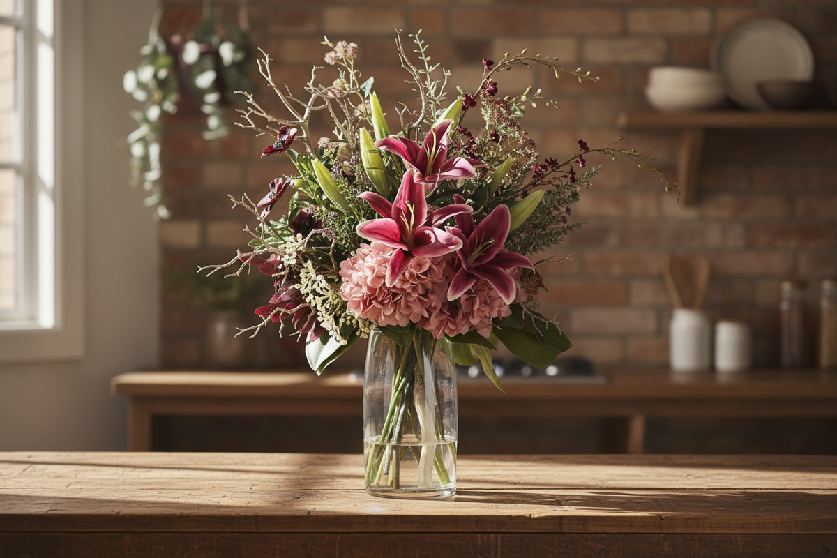Medium Pink Lily and Hydrangea Wild artificial arrangement preserved from the original product photo on a kitchen surface, grounded in a tall clear cylinder vase, 60 x 30 cm