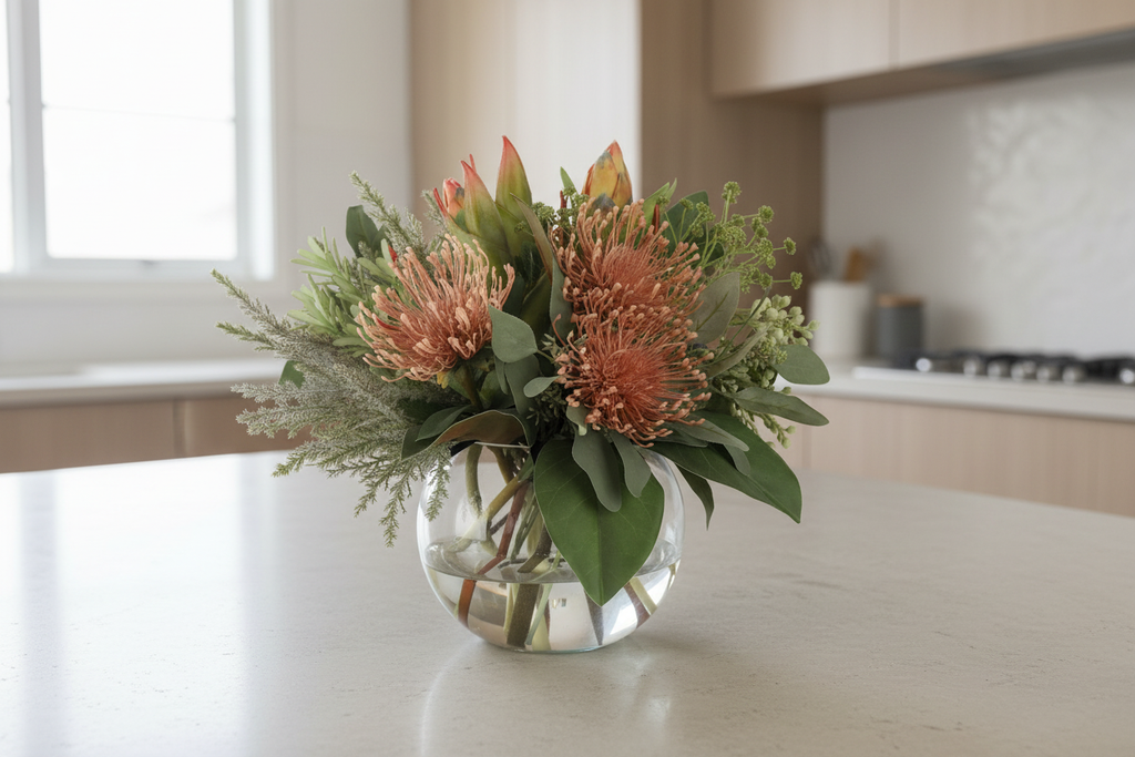 Pincushion Protea Native artificial arrangement in a glass fishbowl vase on a kitchen bench