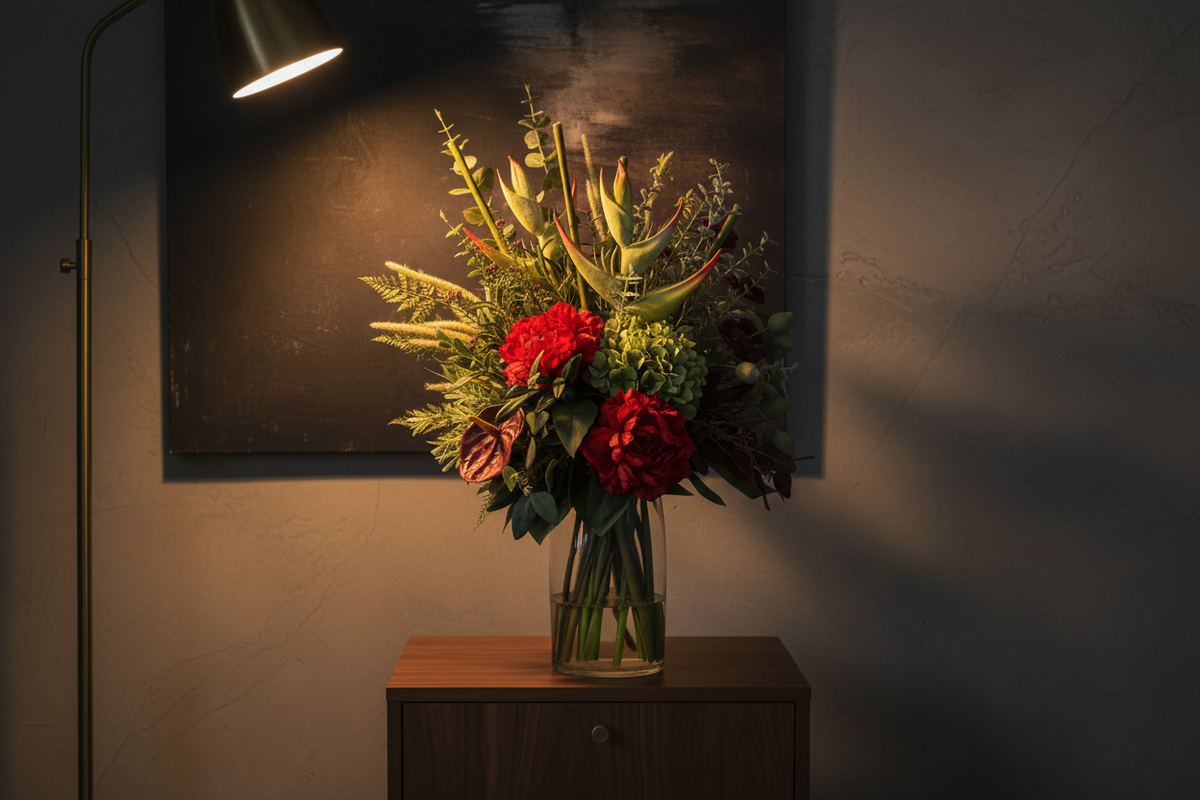 Medium Red Peony and Heliconia Botanical artificial arrangement preserved from the original product photo on living room furniture, grounded in a tall clear cylinder vase, 60 x 30 cm