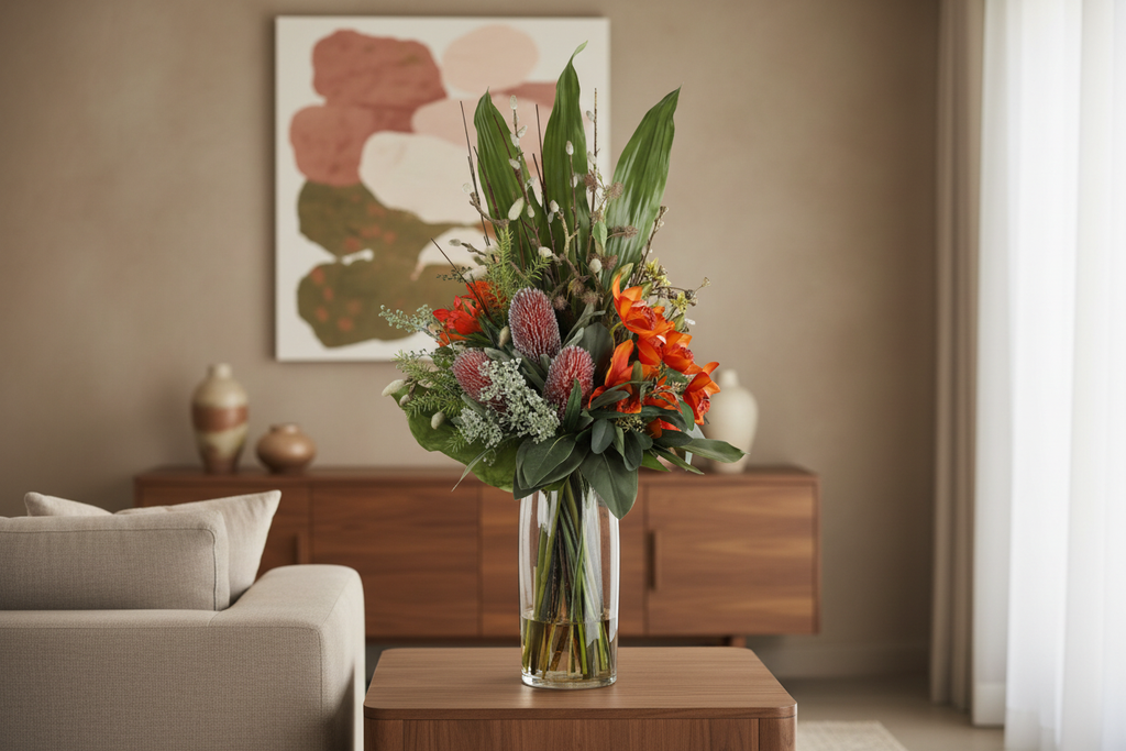 Orange Orchid and Pincushion Protea Wild Exotic artificial arrangement on a living room sideboard