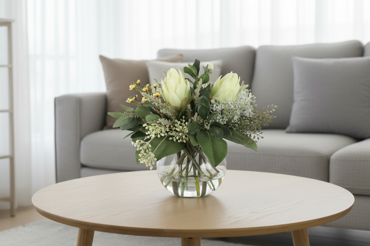 White King Protea and Serruria Native artificial arrangement in a glass fishbowl vase on a living room coffee table, shown smaller at accurate 20x20 cm scale with wider perspective