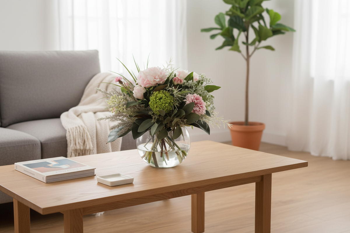 Blush Peony and Spray Rose Garden Romance small artificial arrangement on a coffee table