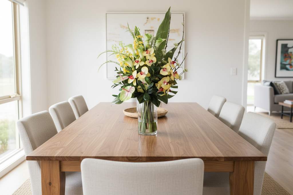 Large Cream Cymbidium Orchid and Calla Lily artificial arrangement preserved from the original product photo on a dining table, grounded in a tall clear cylinder vase, 90 x 40 cm