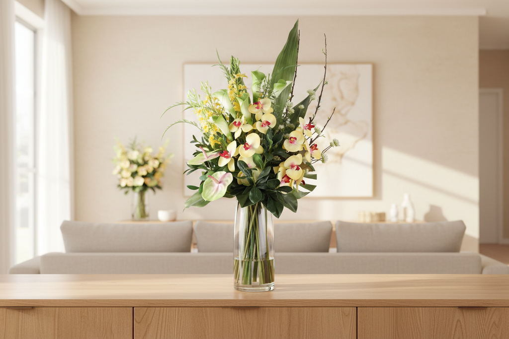 Large Cream Cymbidium Orchid and Calla Lily artificial arrangement preserved from the original product photo on living room furniture, grounded in a tall clear cylinder vase, 90 x 40 cm