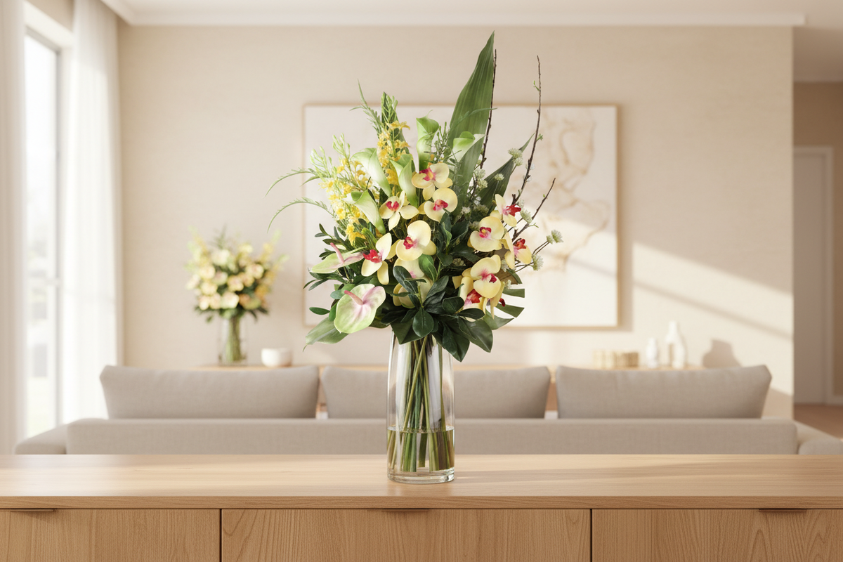 Large Cream Cymbidium Orchid and Calla Lily artificial arrangement preserved from the original product photo on living room furniture, grounded in a tall clear cylinder vase, 90 x 40 cm