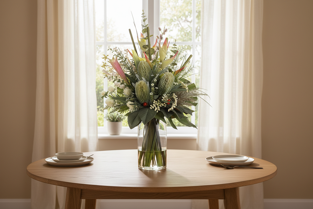 Medium Protea and Banksia Australian Native artificial arrangement preserved from the original product photo on a dining table, grounded in a tall clear cylinder vase, 60 x 30 cm