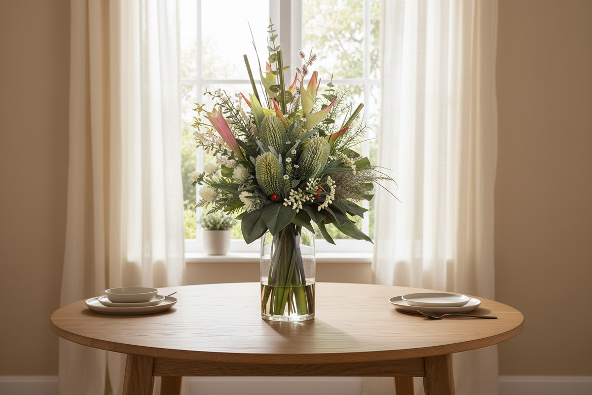 Medium Protea and Banksia Australian Native artificial arrangement preserved from the original product photo on a dining table, grounded in a tall clear cylinder vase, 60 x 30 cm