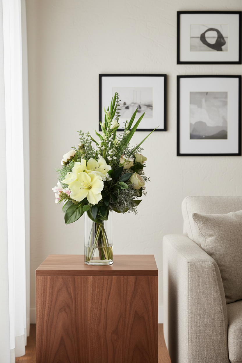White Garden medium artificial flower arrangement in a tall glass cylinder vase on a living room sideboard, 60x30 cm scale