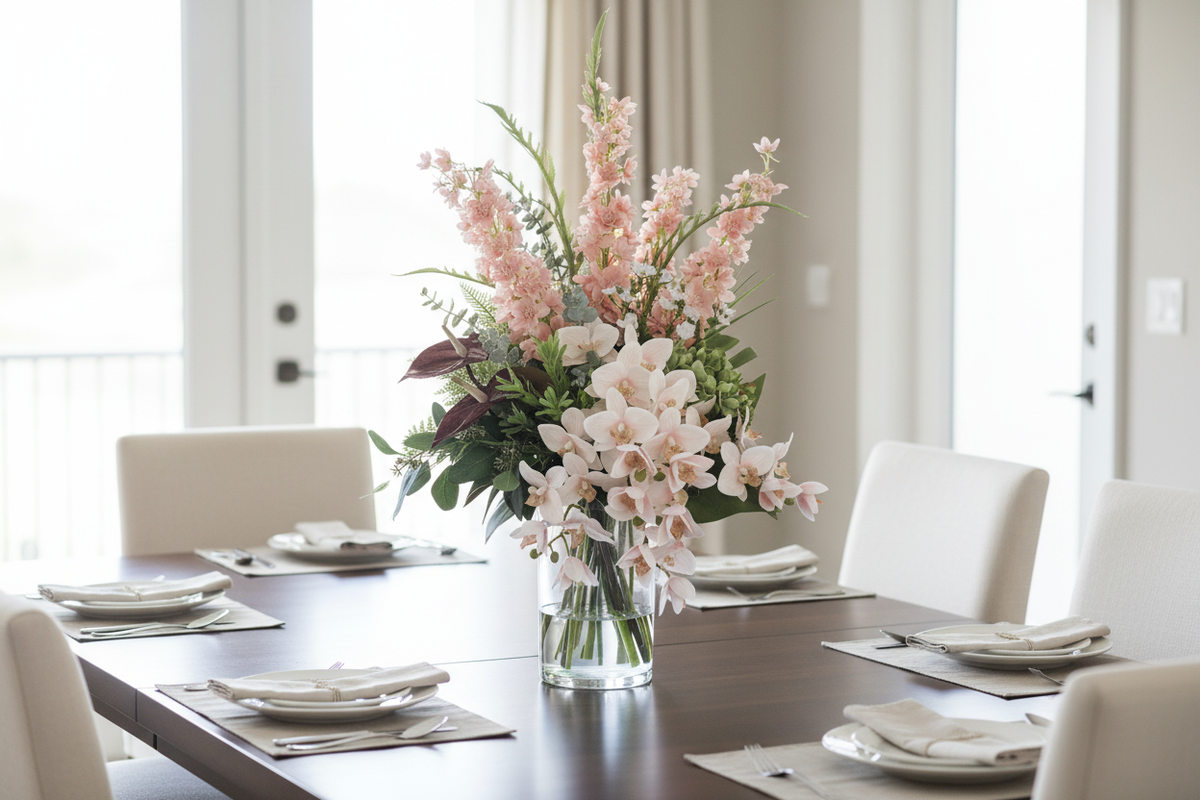 Blush Delphinium and Orchid medium artificial arrangement on a dining table, grounded in a tall glass cylinder vase, 60 x 30 cm