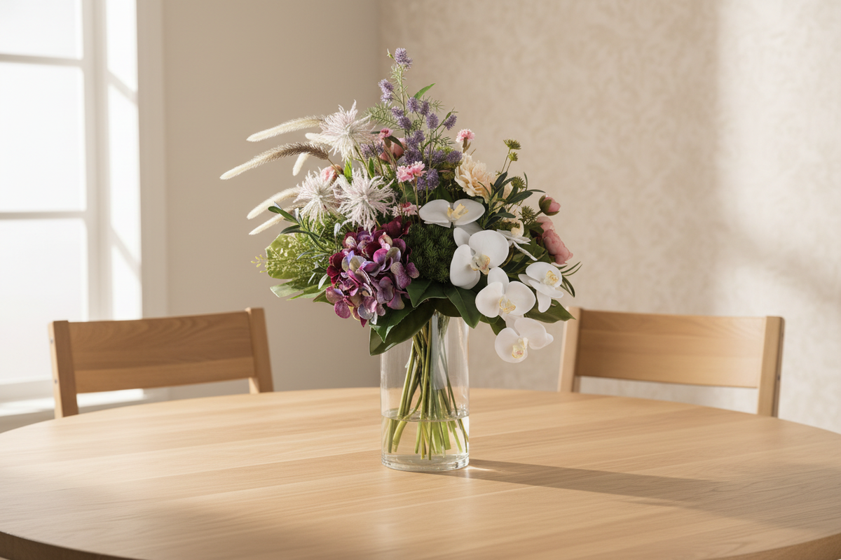Boho Romance medium artificial arrangement on a clean dining table with no objects behind the flowers, tall glass cylinder vase, 60 x 30 cm