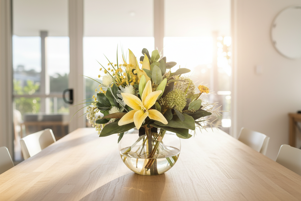 Yellow Lily and Wattle Botanical artificial arrangement in a glass fishbowl vase on a dining table