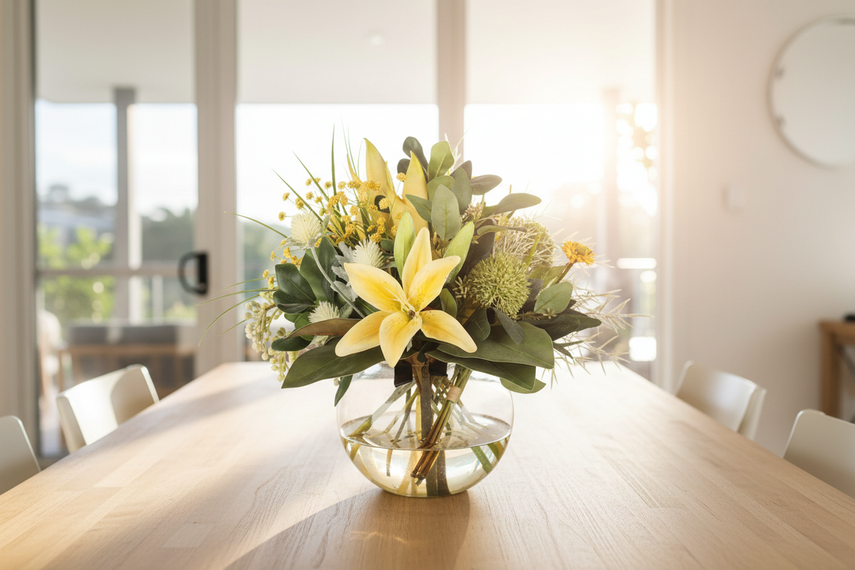 Yellow Lily and Wattle Botanical artificial arrangement in a glass fishbowl vase on a dining table