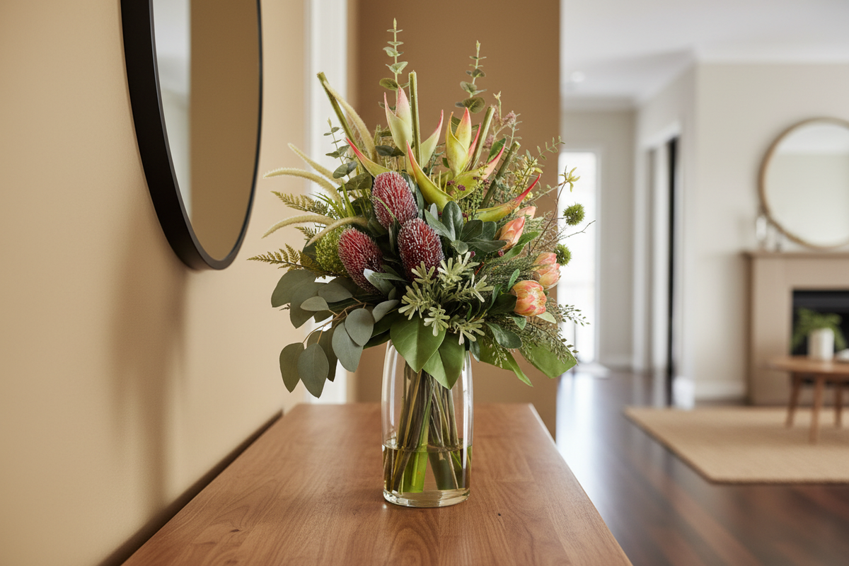 King Protea and Banksia Bush artificial arrangement in a tall glass cylinder vase on an entryway console