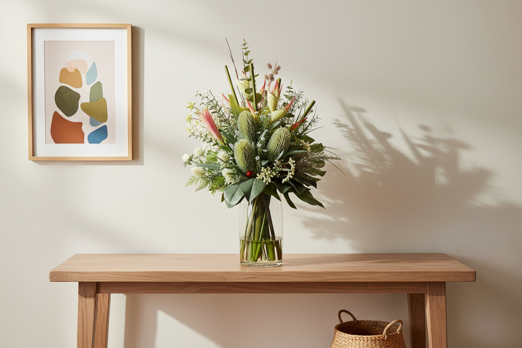 Medium Protea and Banksia Australian Native artificial arrangement preserved from the original product photo on an entryway console, grounded in a tall clear cylinder vase, 60 x 30 cm