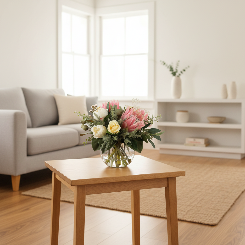 King Protea 20 by 20 centimetre artificial bouquet styled on a small side table in a bright Australian home