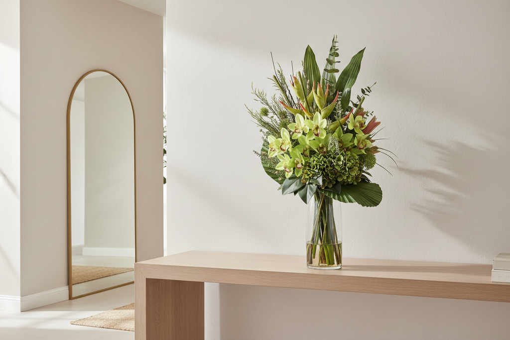 Green Cymbidium Orchid and Hydrangea Tropical artificial arrangement in a neutral entryway
