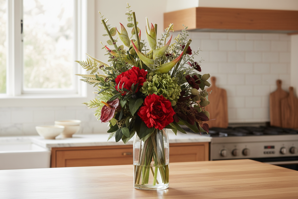 Medium Red Peony and Heliconia Botanical artificial arrangement preserved from the original product photo on a kitchen surface, grounded in a tall clear cylinder vase, 60 x 30 cm