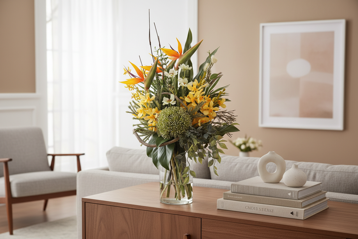 Bird of Paradise and Cymbidium Orchid medium artificial arrangement in a tall glass cylinder vase on a living room sideboard
