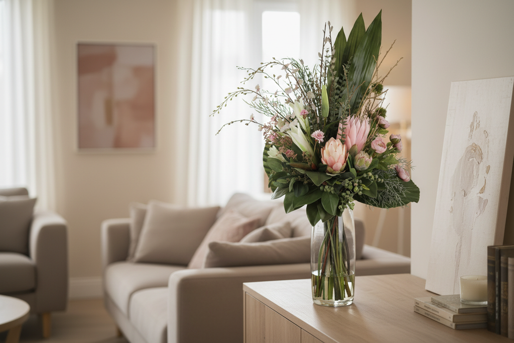 Blush Protea and Ranunculus Ethereal artificial arrangement on a living room sideboard