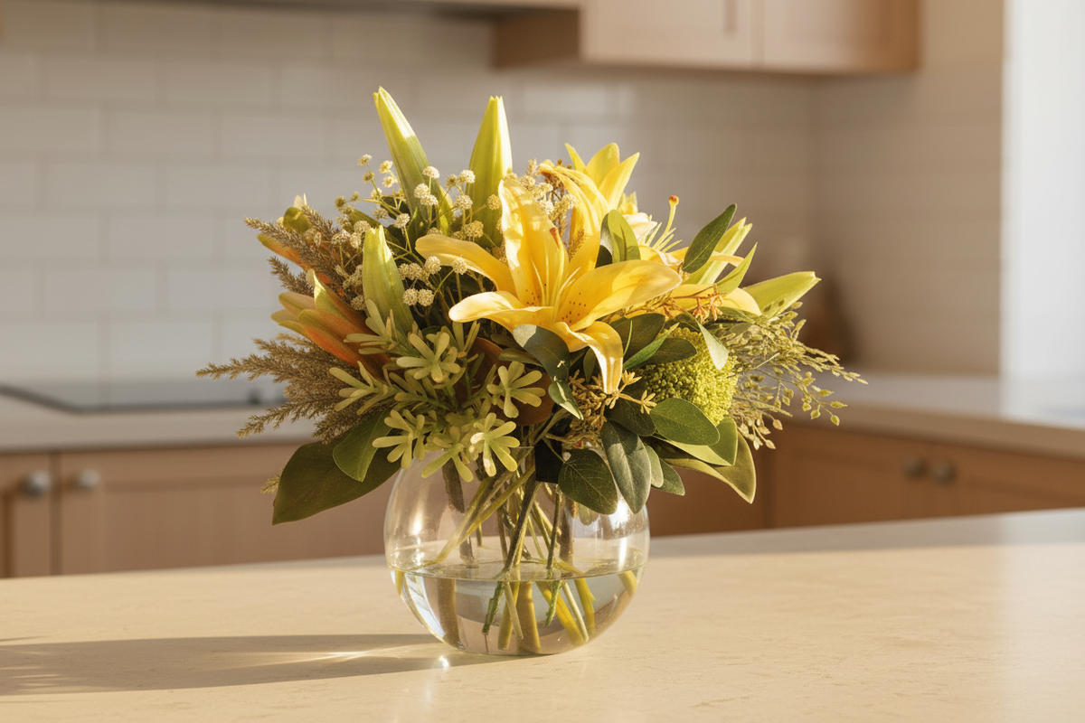 Golden Lily and Wax Flower Sunshine artificial arrangement in a glass fishbowl vase on a kitchen bench
