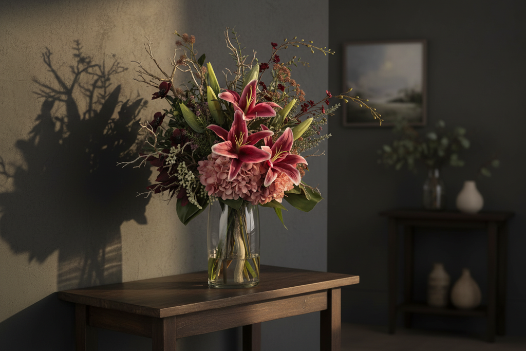 Medium Pink Lily and Hydrangea Wild artificial arrangement preserved from the original product photo on an entryway console, grounded in a tall clear cylinder vase, 60 x 30 cm
