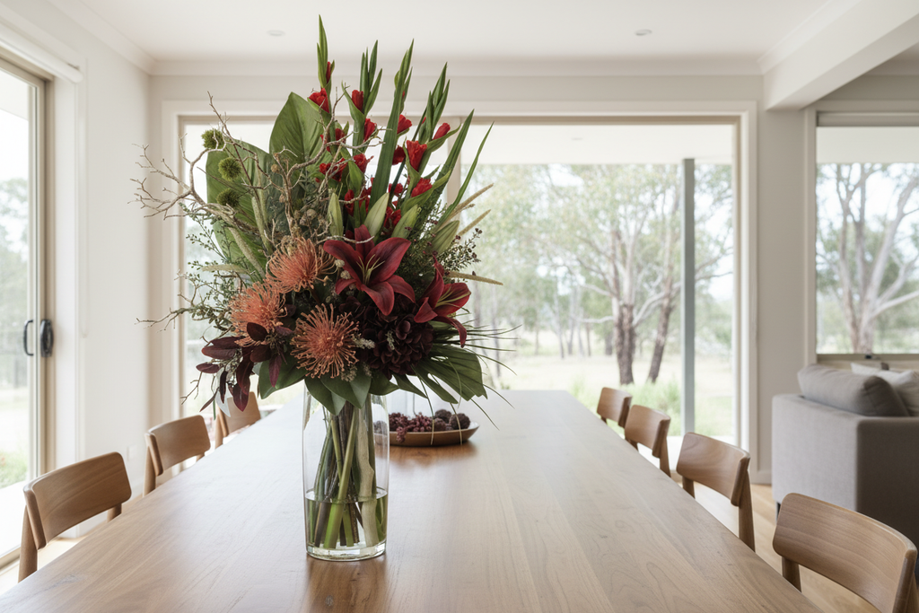 Red Gladiolus and Pincushion Protea Dramatic artificial arrangement in a tall clear glass cylinder vase on a long dining table, large 90x40 cm scale
