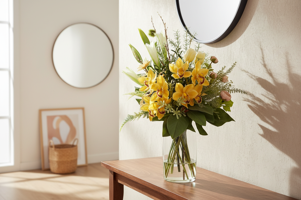 Medium Golden Orchid and Lily Sunshine artificial arrangement preserved from the original product photo on an entryway console, grounded in a tall clear cylinder vase, 60 x 30 cm