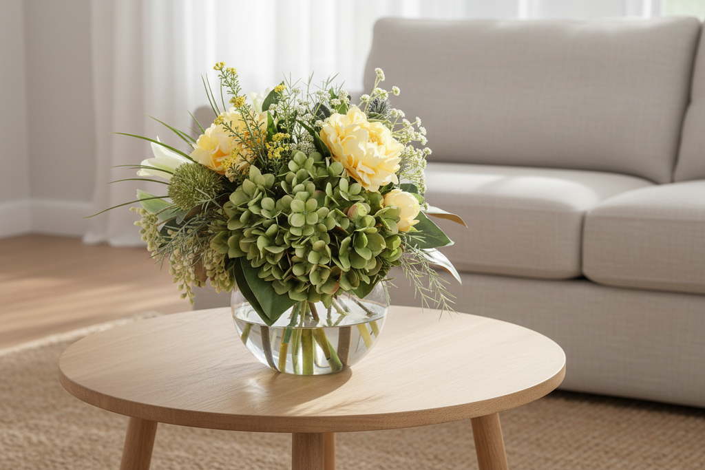 Green Hydrangea and Yellow Peony Garden artificial arrangement in a glass fishbowl vase on a living room coffee table