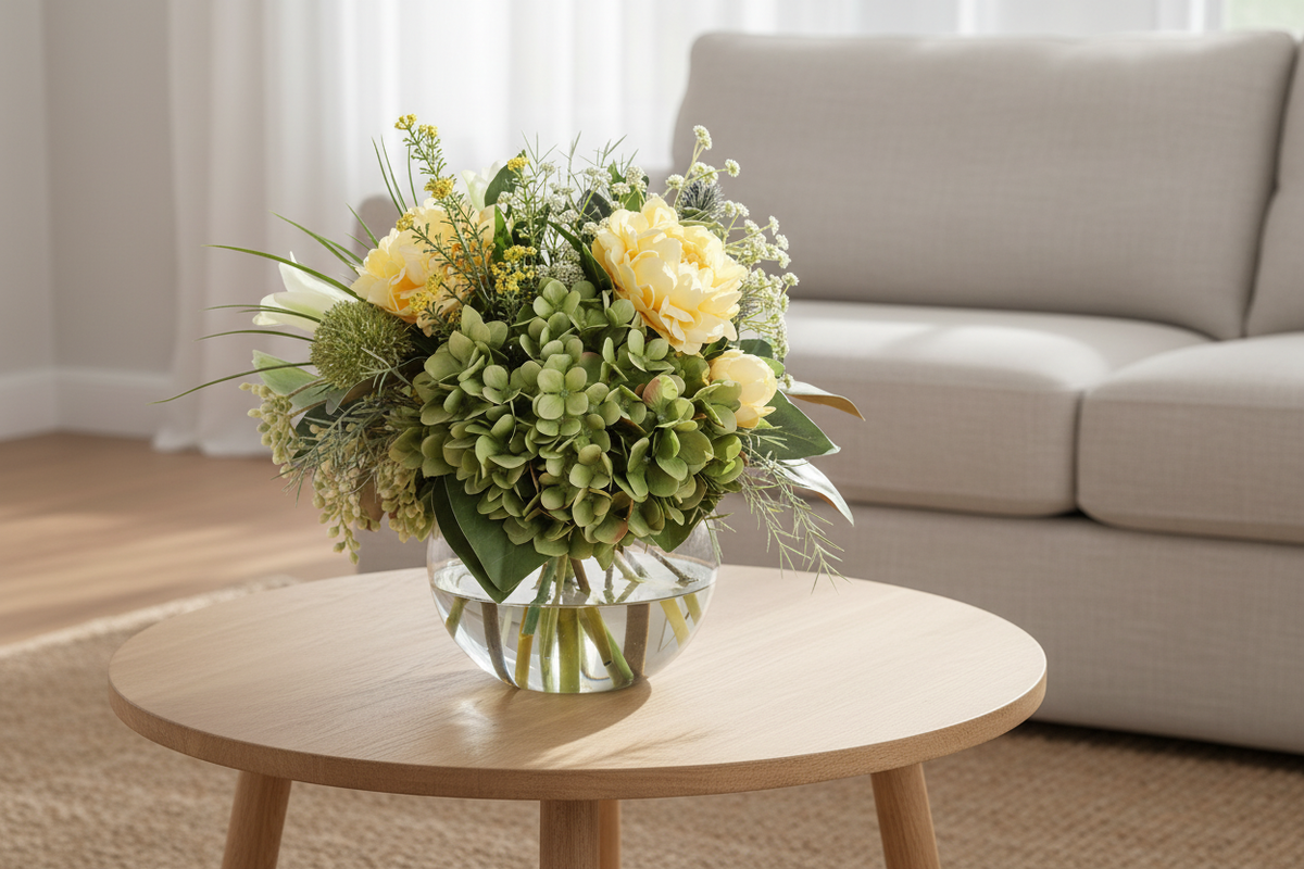 Green Hydrangea and Yellow Peony Garden artificial arrangement in a glass fishbowl vase on a living room coffee table