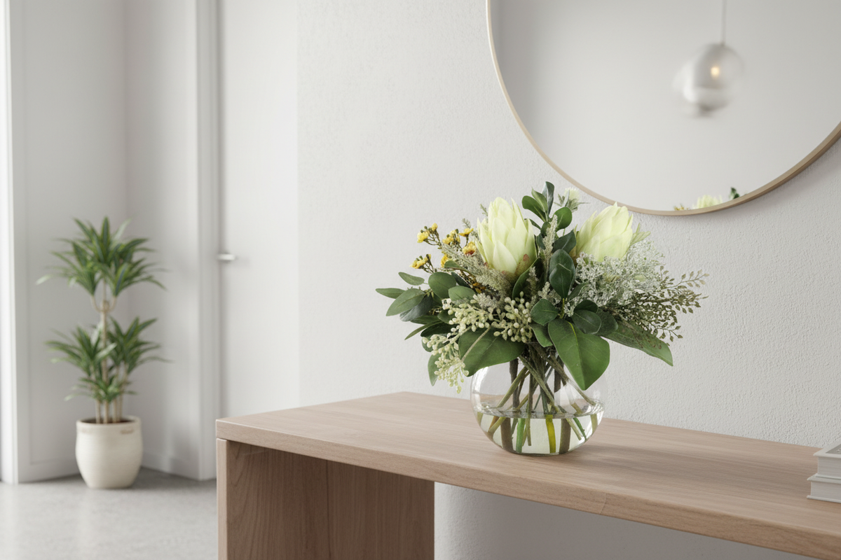 White King Protea and Serruria Native artificial arrangement in a glass fishbowl vase on an entryway console