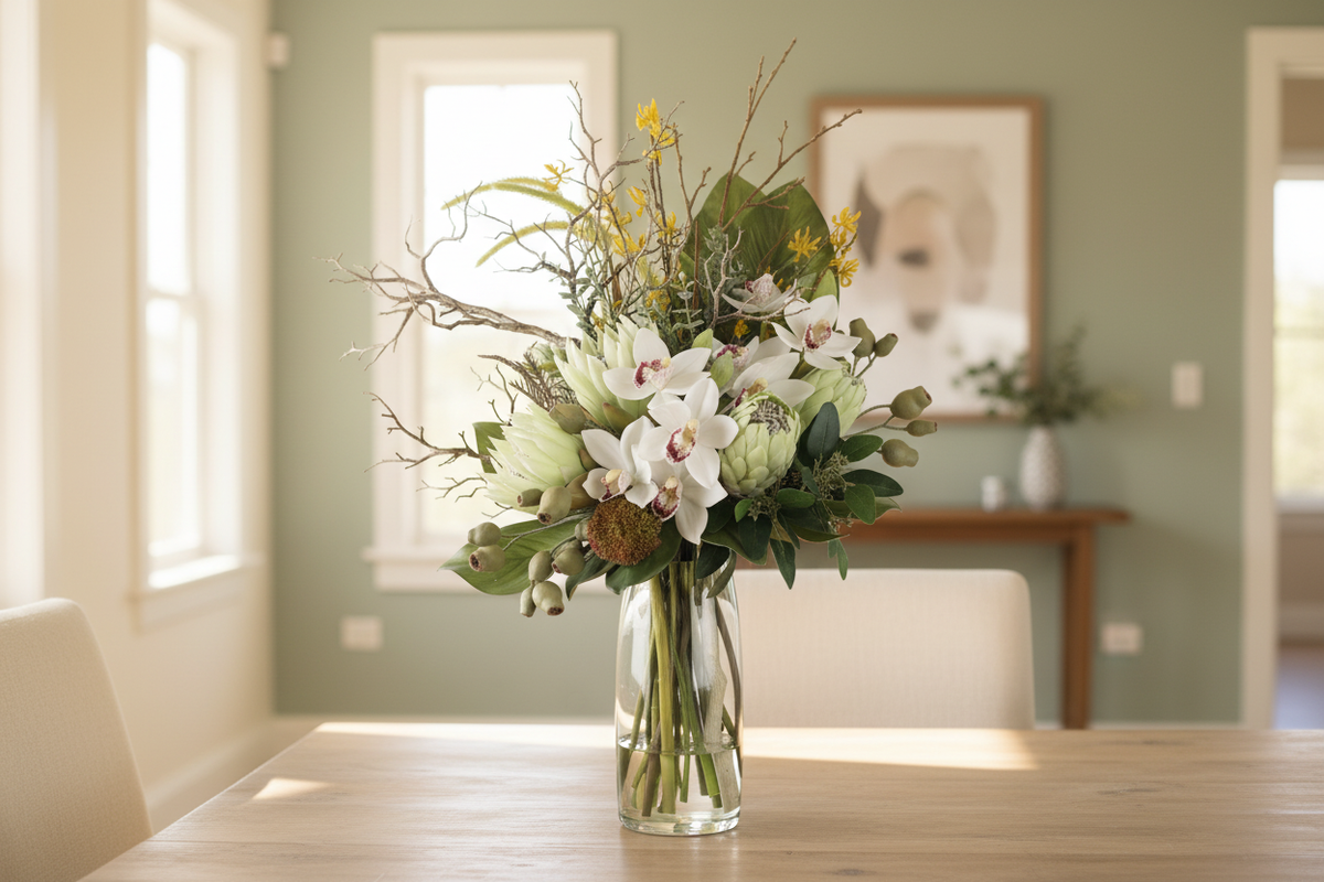 Bush Luxe large artificial arrangement matching the supplied reference, compact upright form in a clear cylinder vase on a dining table, 90 x 40 cm