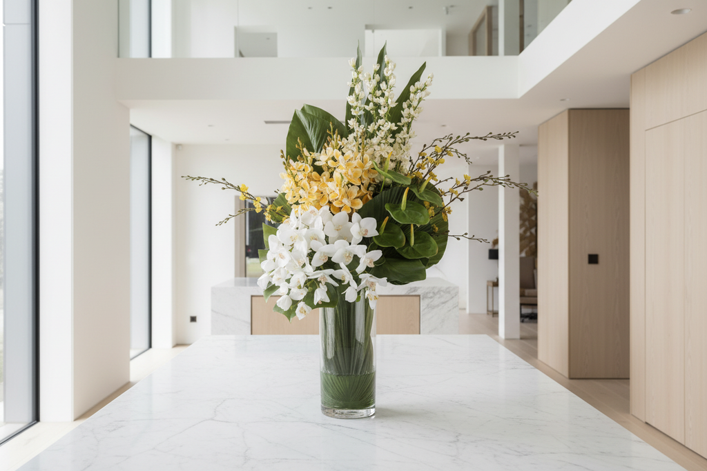 Orchid Gallery extra-large artificial arrangement on a kitchen island, grounded in a tall glass cylinder vase, 90 x 40 cm