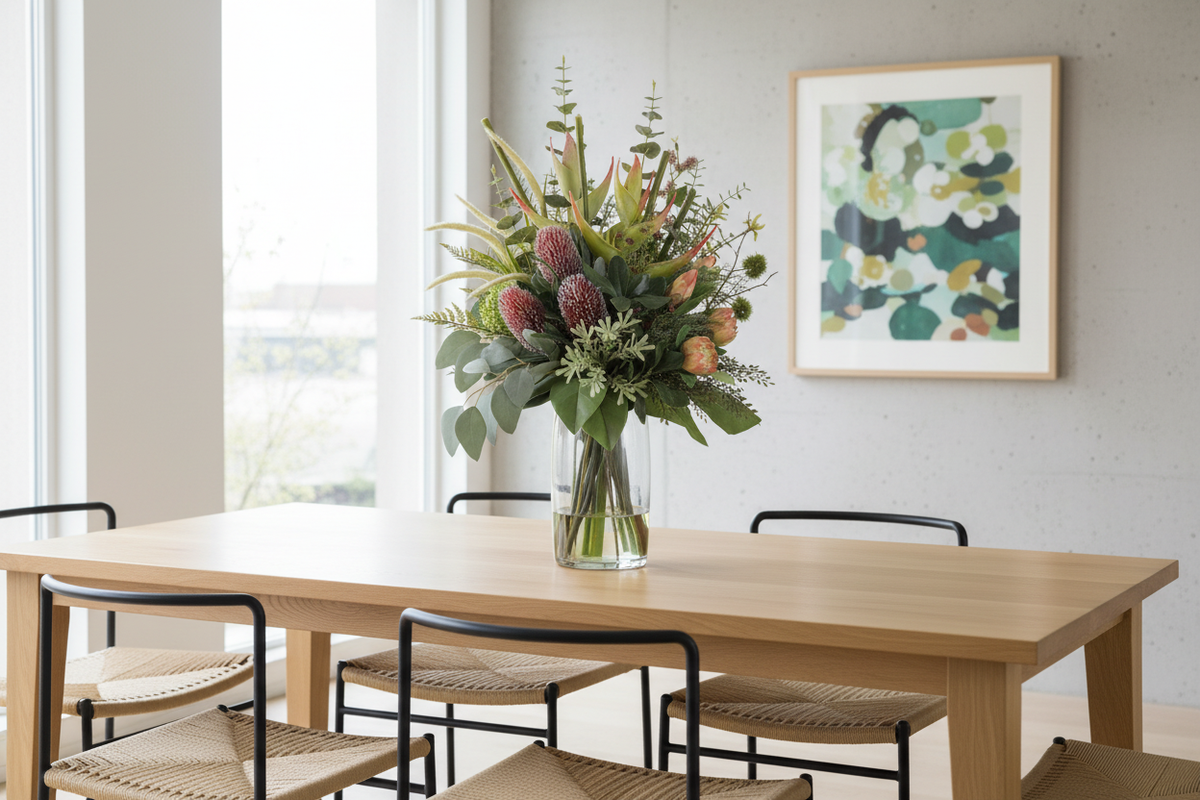 King Protea and Banksia Bush artificial arrangement in a tall glass cylinder vase on a dining table