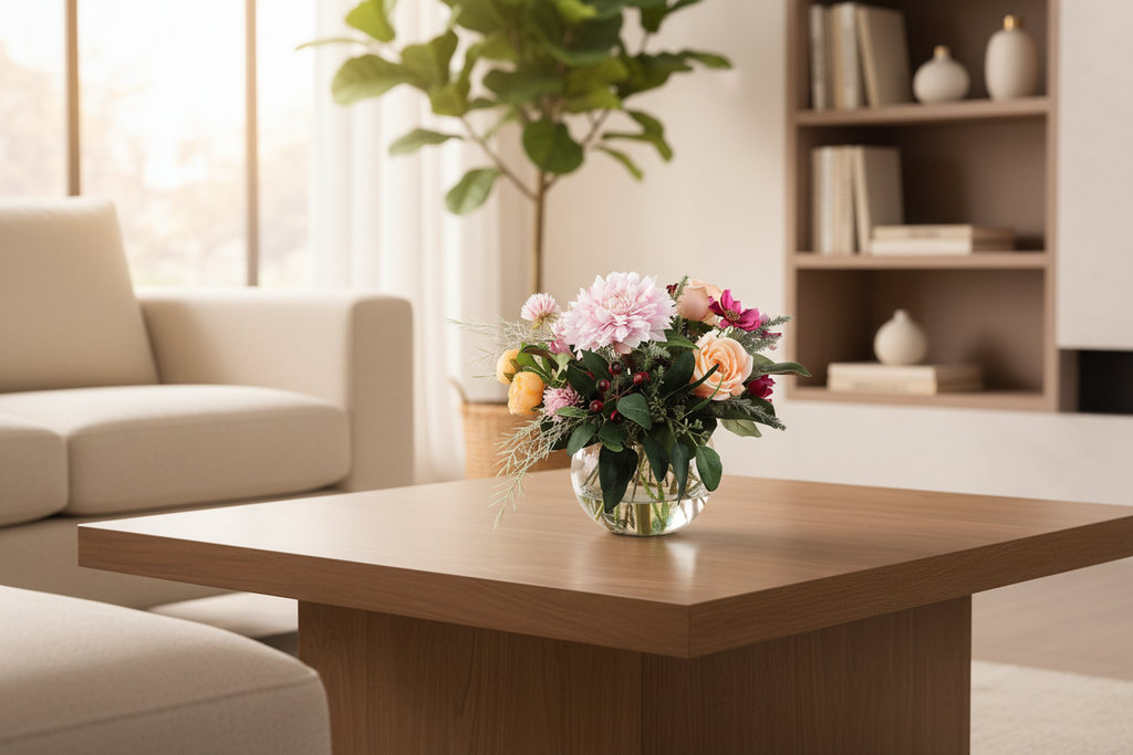 Garden Romance small artificial bouquet on a living room coffee table