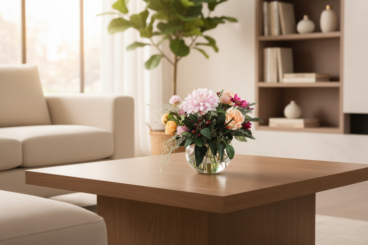 Garden Romance small artificial bouquet on a living room coffee table