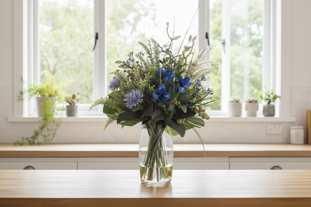 Medium Blue Iris and Thistle Botanical artificial arrangement preserved from the original product photo on a kitchen surface, grounded in a tall clear cylinder vase, 60 x 30 cm