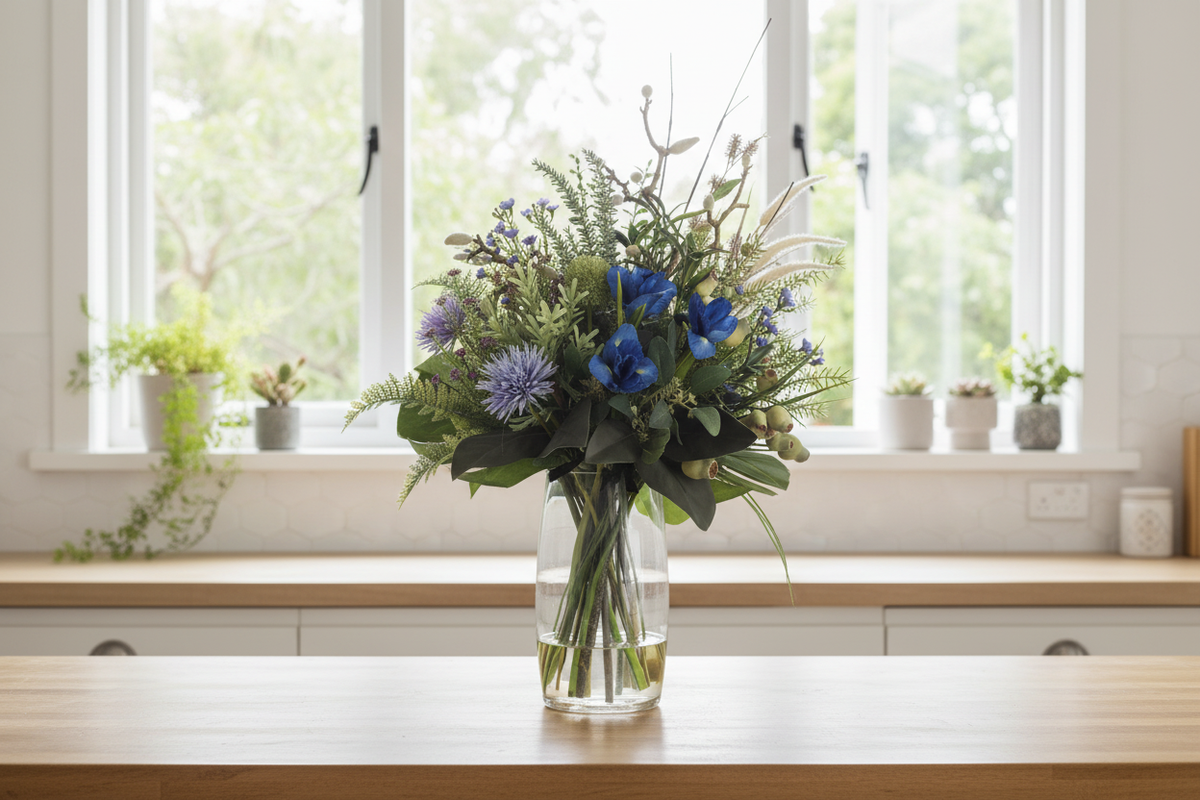 Medium Blue Iris and Thistle Botanical artificial arrangement preserved from the original product photo on a kitchen surface, grounded in a tall clear cylinder vase, 60 x 30 cm