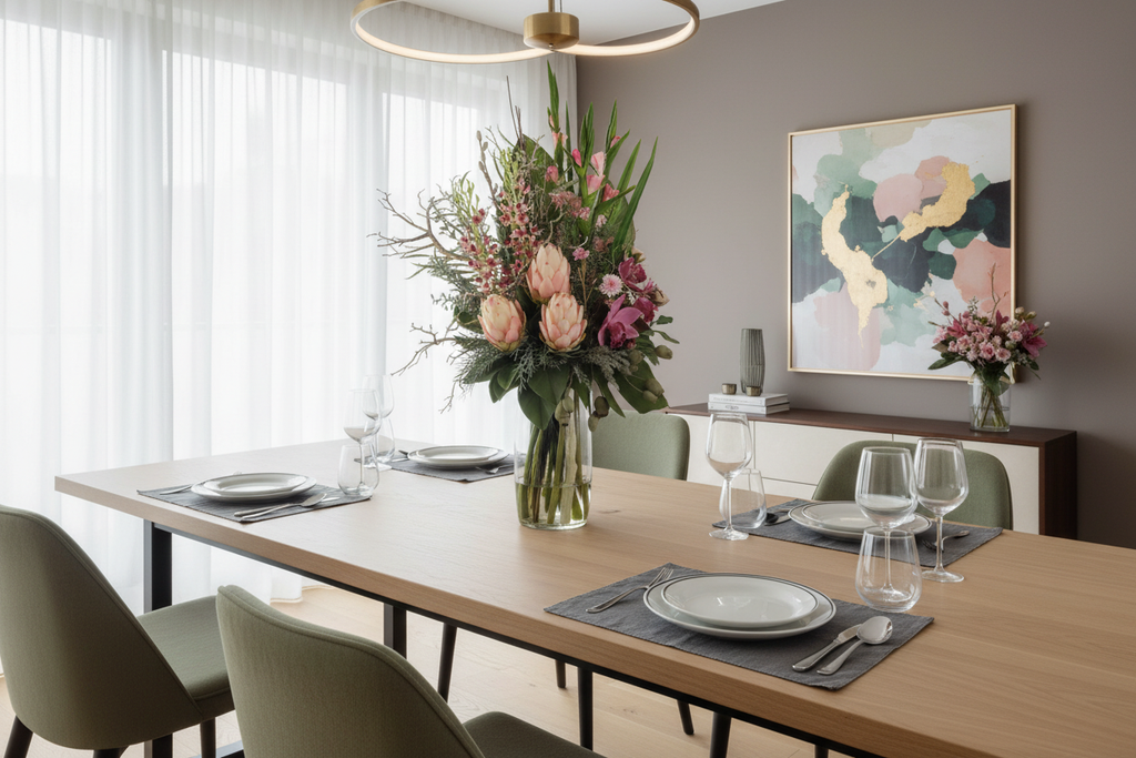 Blush King Protea and Orchid Wild Romance artificial arrangement on a dining table
