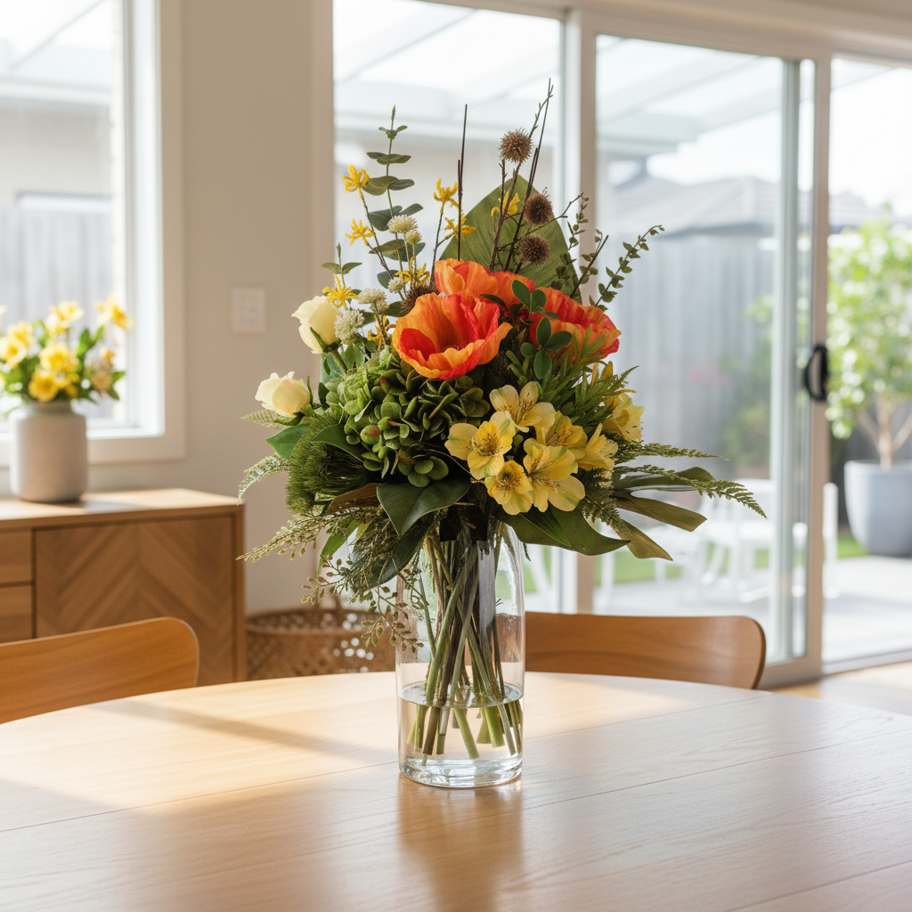Wildflower Harvest 60 by 30 centimetre artificial arrangement in a tall cylinder vase on a dining table