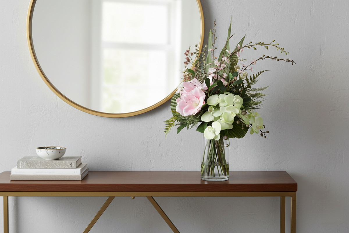 Pink Amaryllis and Orchid medium artificial arrangement on an entryway console, vase resting on the furniture surface in a tall glass cylinder vase, 60 x 30 cm