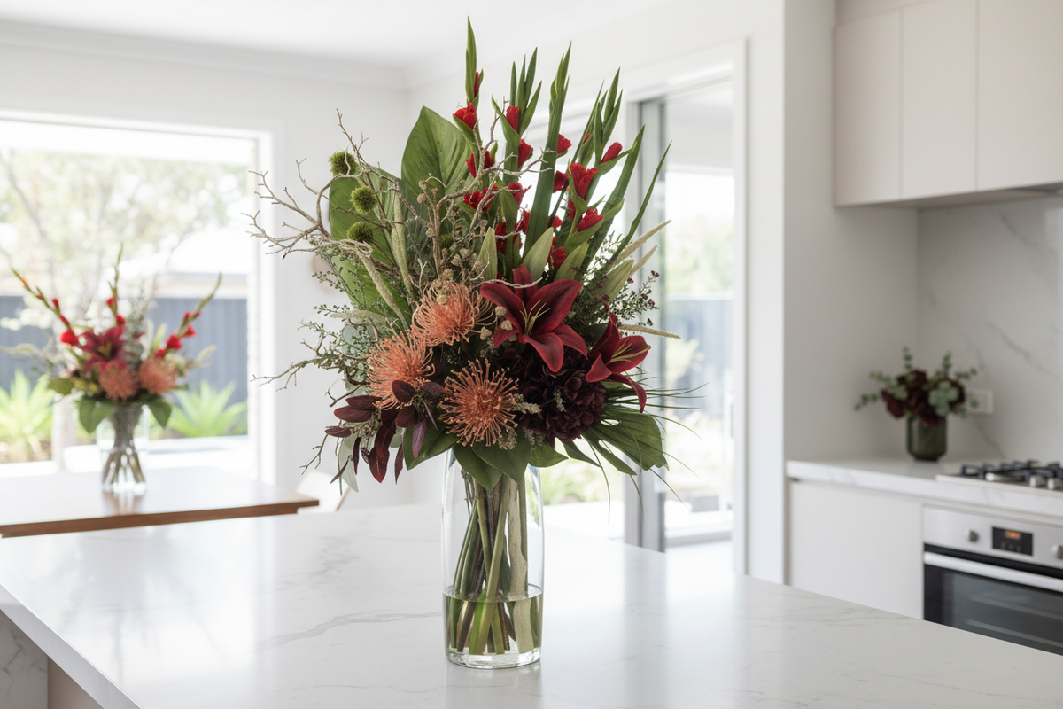 Red Gladiolus and Pincushion Protea Dramatic artificial arrangement in a tall clear glass cylinder vase on a kitchen island, large 90x40 cm scale