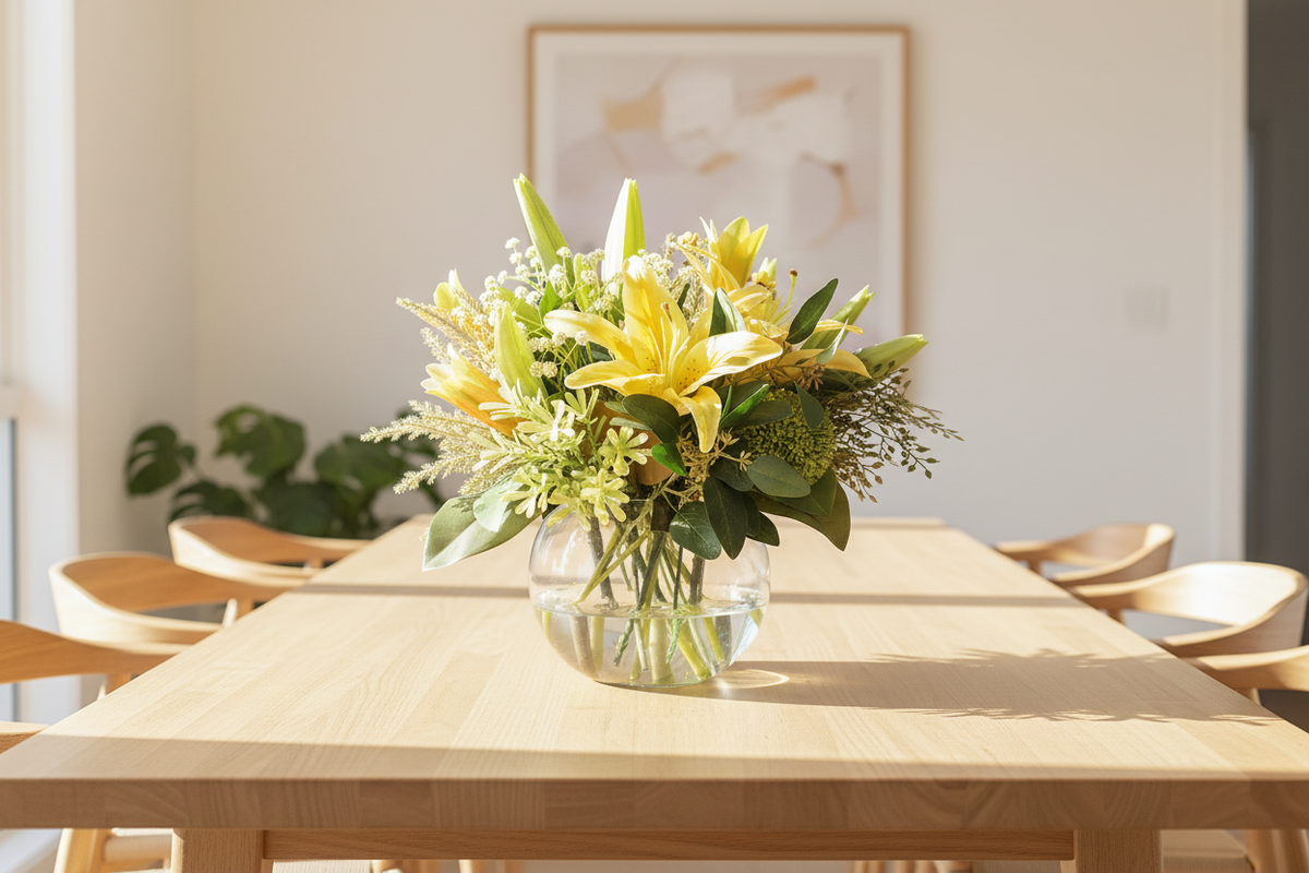 Golden Lily and Wax Flower Sunshine artificial arrangement in a glass fishbowl vase on a dining table