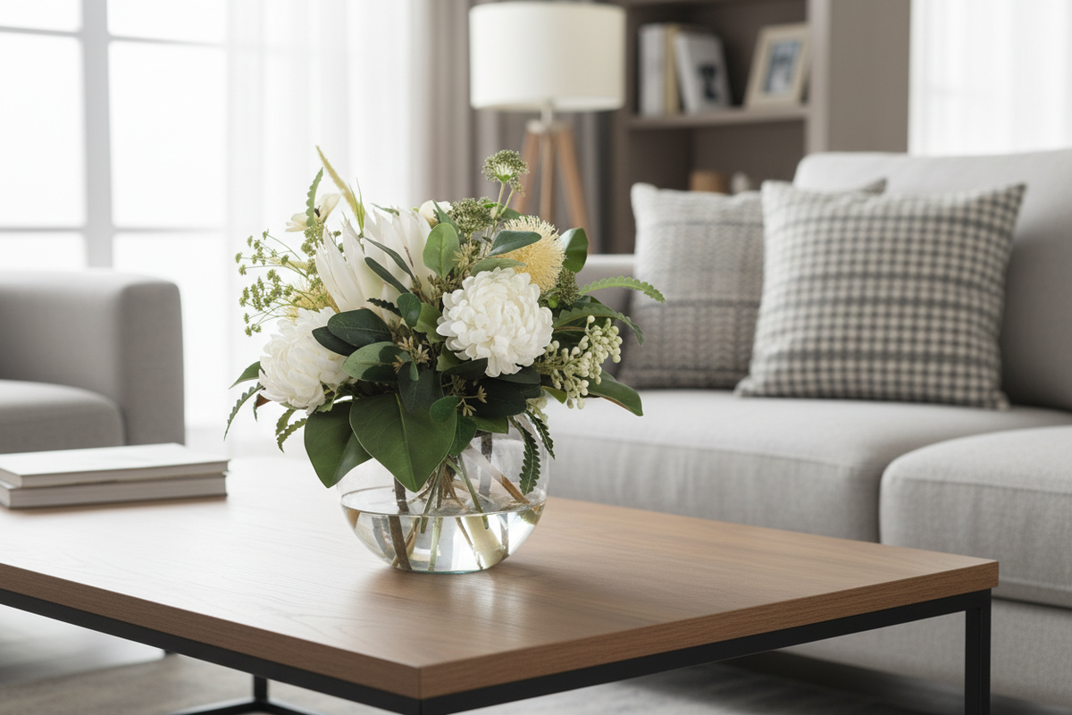 White Protea and Hydrangea Garden Elegance small artificial arrangement on a coffee table