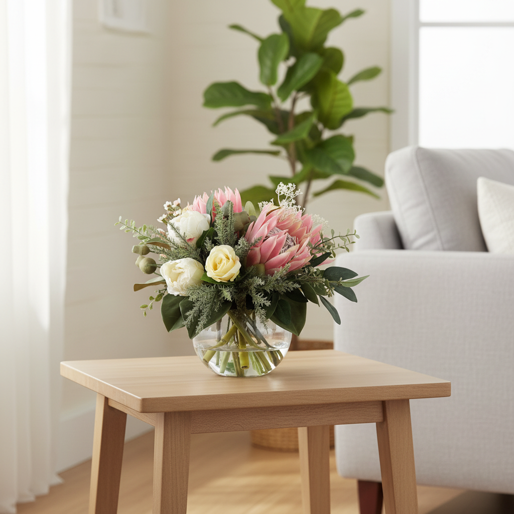 King Protea 20 by 20 centimetre artificial bouquet on a small side table in a bright Australian home
