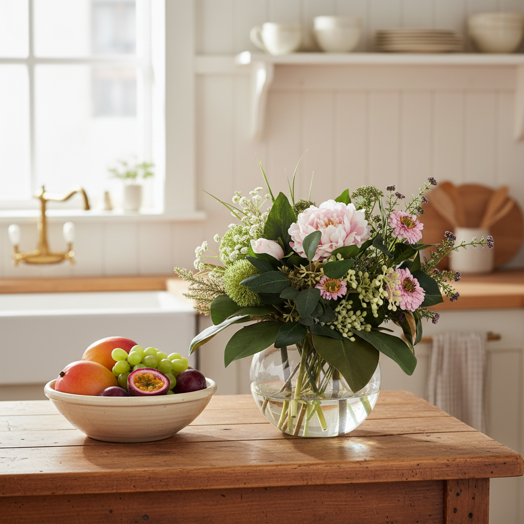 Blush Peony and Aster Cottage Garden artificial arrangement in a glass fishbowl vase on a timber kitchen bench, shown at accurate 20x20 cm scale