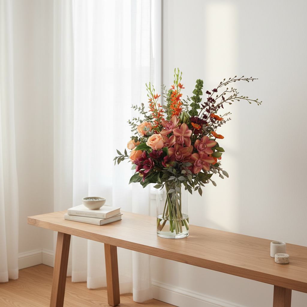 Autumn Orchid 60 by 30 centimetre artificial arrangement on a console in a bright Australian home