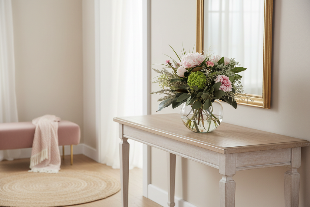Blush Peony and Spray Rose Garden Romance small artificial arrangement in a romantic entryway