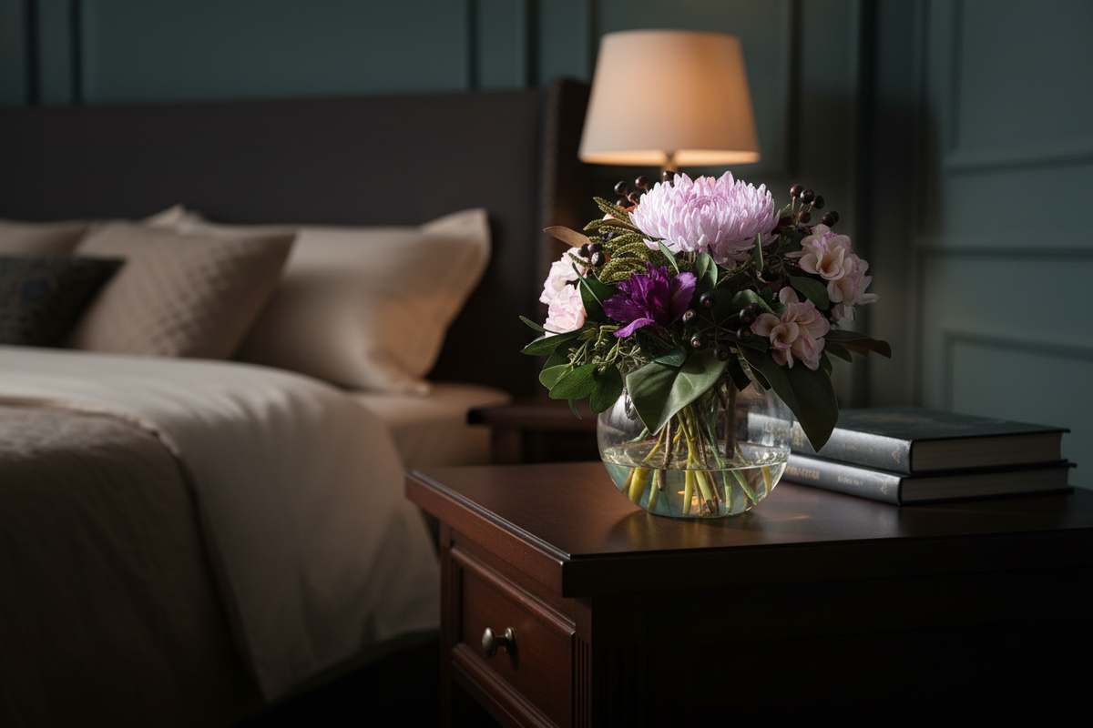 Twilight Garden small artificial bouquet on a bedside table